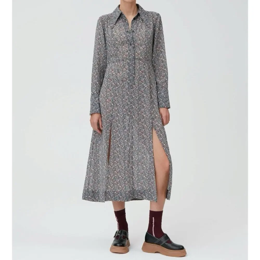 GANNI Floral Midi Shirt Dress Long Sleeves Button Front Side Slits Size 36 Small - Picture 13 of 14